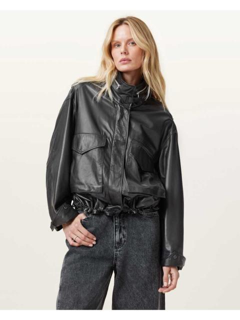ALLSAINTS CLAY FUNNEL NECK CROPPED LEATHER JACKET