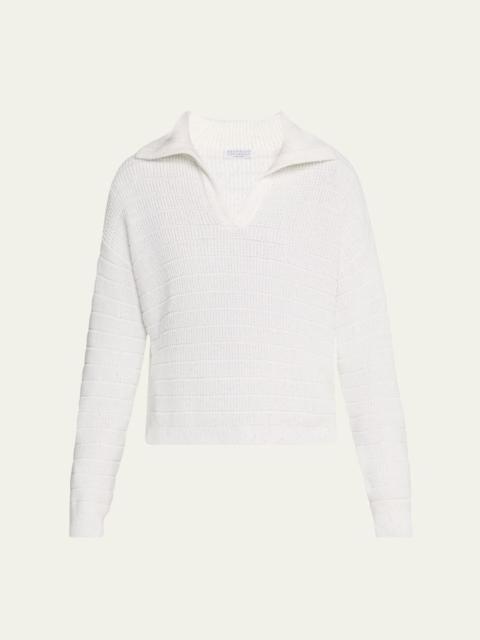 Brunello Cucinelli Johnny Collar Cotton English Ribbed Sweater