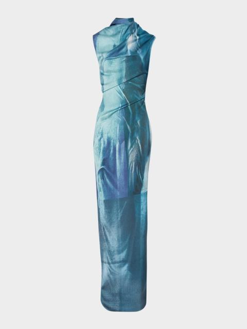 Jean Paul Gaultier Water-Print Draped Satin Maxi Dress