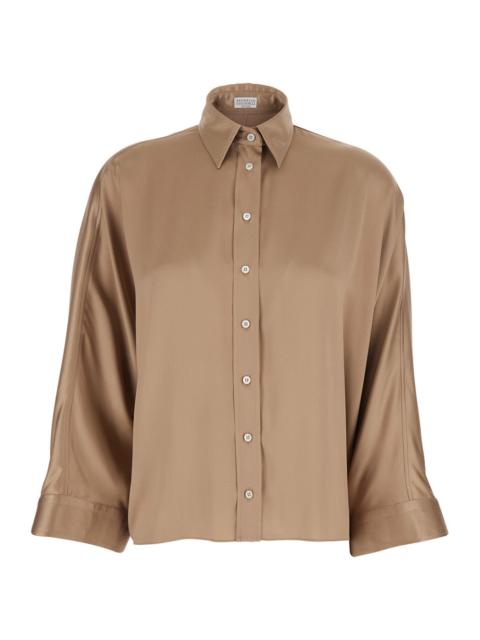 Brunello Cucinelli Brunello Cucinelli Women Beige Silk Blouse With Long Bell Sleeves And Classic Collar Woman