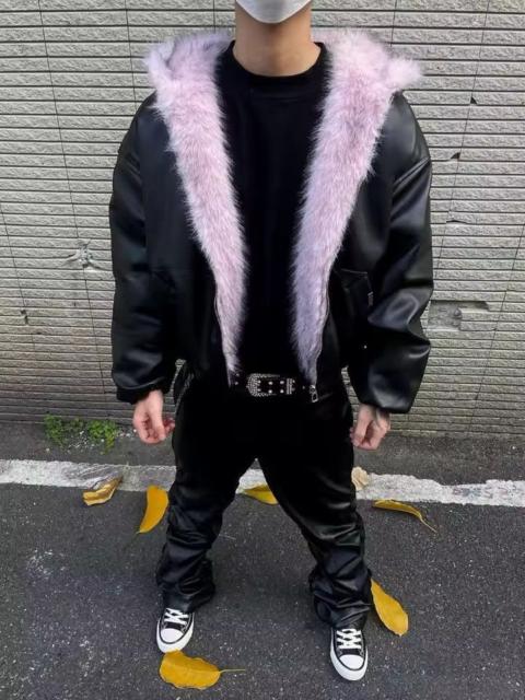 Other Designers Japanese Brand - Black Faux Leather Jacket with Fur Collar