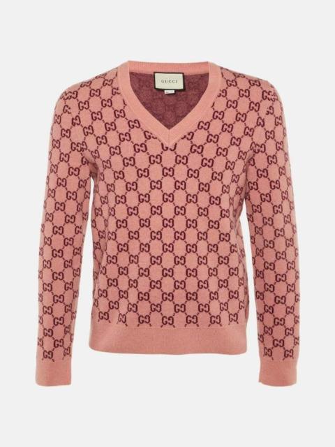 GUCCI Gucci Pink/Red GG Web Intarsia Wool V-Neck Sweater