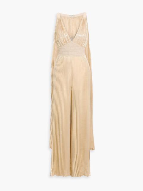 Alice + Olivia Rosalie metallic plissé silk-blend wide-leg jumpsuit