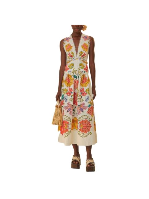 FARM RIO FARM Rio Floral Insects Off-White V Neckline Linen Maxi Dress