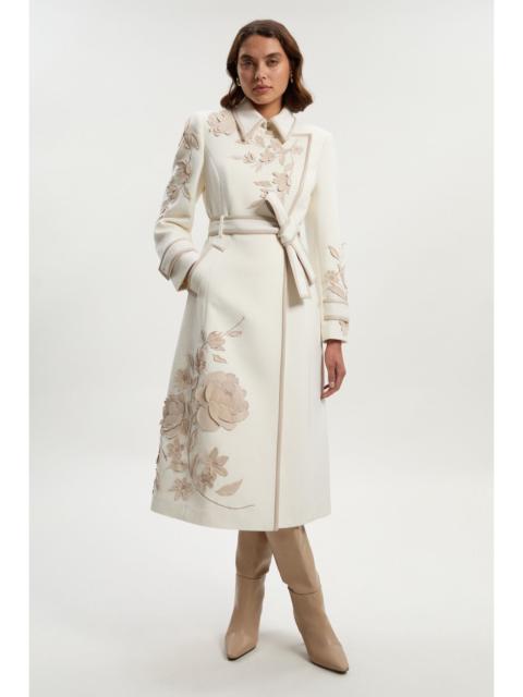 KAREN MILLEN Brushed Wool Pu Mix Placed Floral Embroidery Applique Tailored Midi Coat