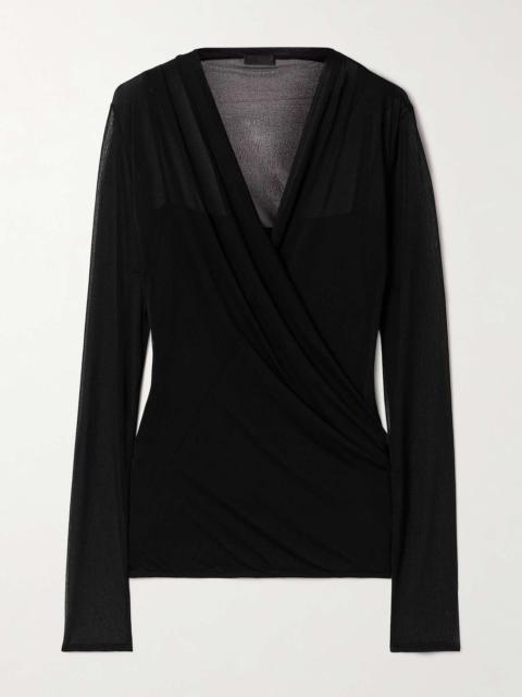 Draped wrap-effect stretch-tulle top