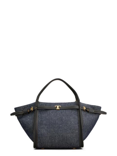 Tod's Tod's T Timeless Canvas & Leather Shopping Bag in Blu Denim Chiaro/Nero at Nordstrom