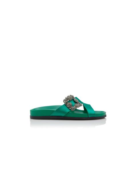 Manolo Blahnik Green Satin Jewel Buckle Flat Mules