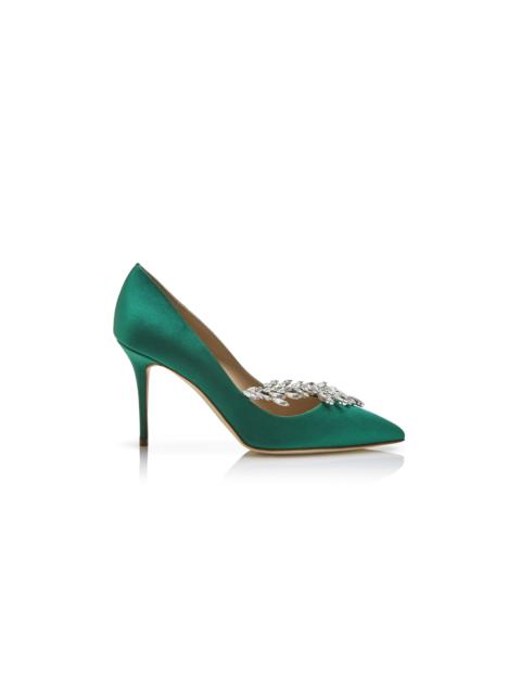 Manolo Blahnik Green Satin Jewel Buckle Pumps