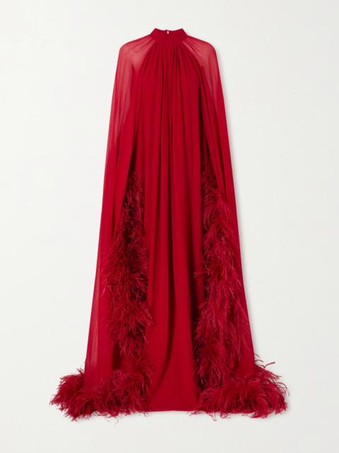 Taller Marmo Eterea Cape-effect Feather-trimmed Chiffon Gown