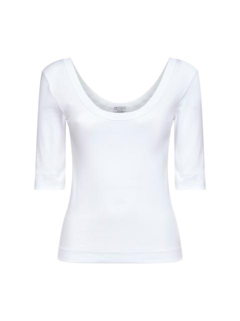 Brunello Cucinelli Brunello Cucinelli Women White Ribbed Stretch Jersey Monili T-Shirt
