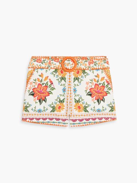 FARM RIO Belted printed cotton-twill shorts