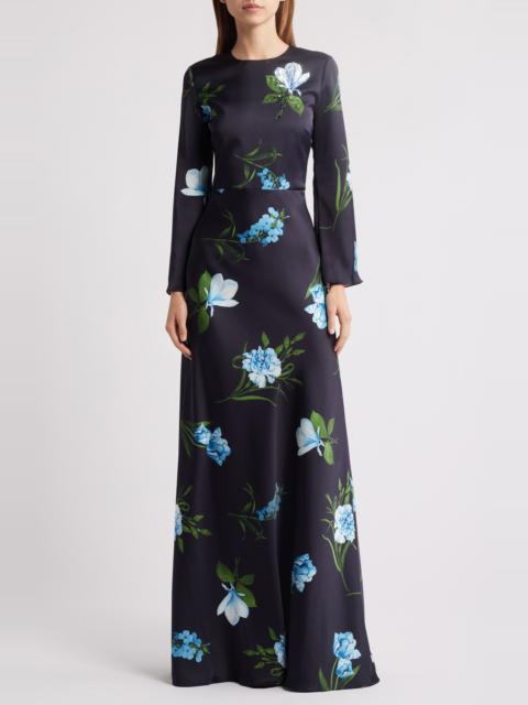 SACHIN & BABI Sachin & Babi Alex Sequin Floral Long Sleeve Satin Crepe Gown in Night Sky Blue Oculata at Nordstrom