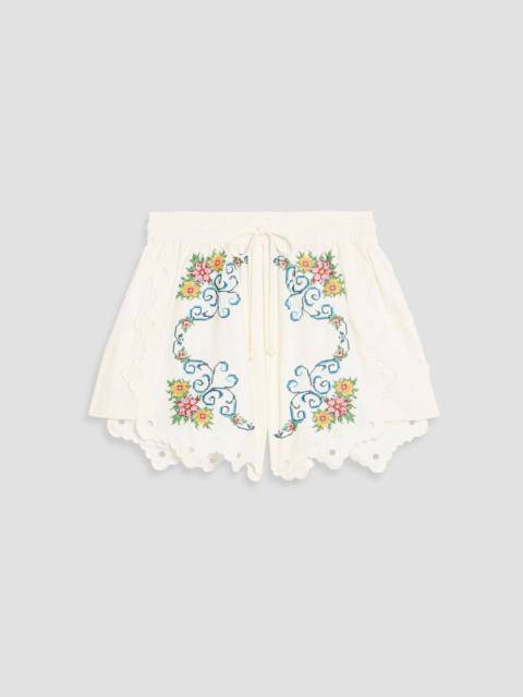 FARM RIO Scalloped embroidered linen-blend shorts