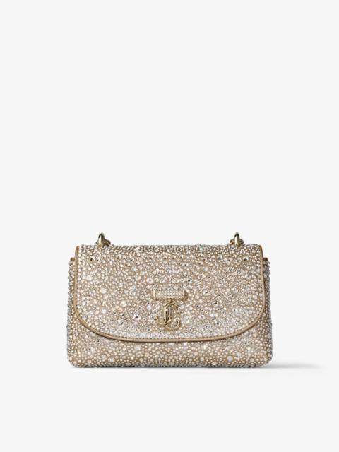 JIMMY CHOO Curve Crossbody S
Gold Shimmer Suede Crossbody Bag with Hotfix Crystals