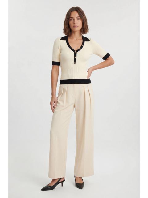KAREN MILLEN Knit Rib With Contrast Hem Detail Collared Short Sleeve Top