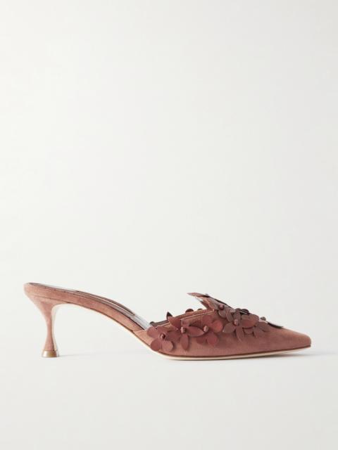 Manolo Blahnik Harnes 50 Appliquéd Suede Mules