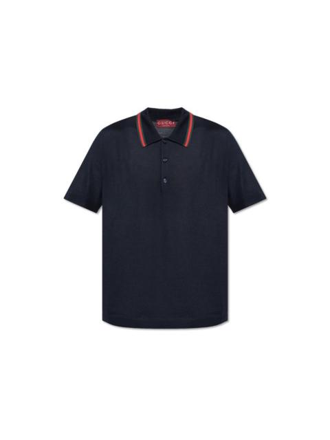 GUCCI GUCCI Navy Blue Wool Web Striped Polo New & Authentic (Men's