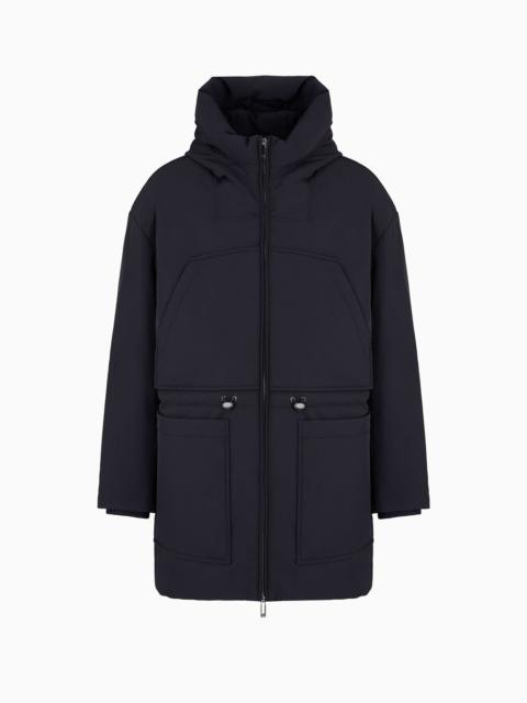 EMPORIO ARMANI Three-quarter length hooded down jacket in water-repellent nylon twill