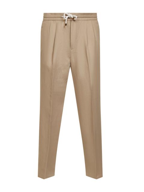 Brunello Cucinelli Taupe linen and cotton drill leisure fit trousers
