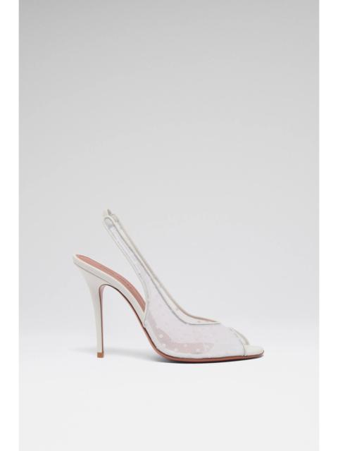 Amina Muaddi KRISTINA SLING 105 WHITE POLKA-DOT LACE