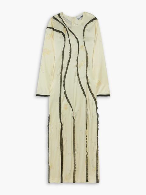 GANNI Lace-trimmed floral-print stretch-silk satin maxi dress