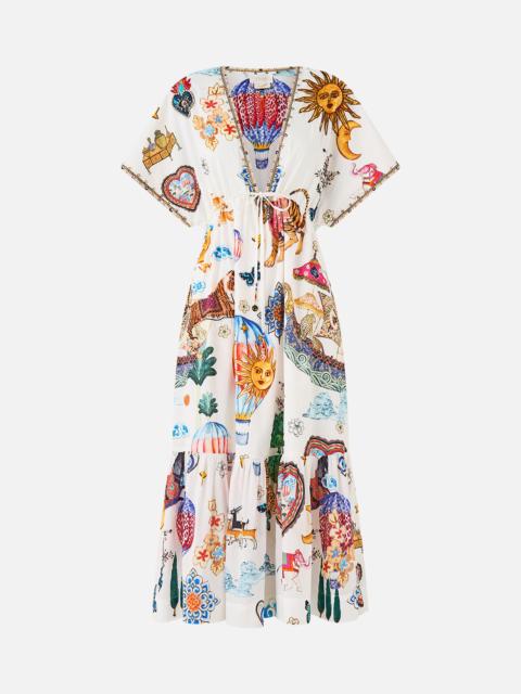 CAMILLA V-NECK EMBROIDERED MIDI DRESS