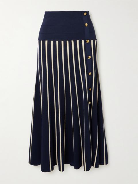 Zimmermann Luna Button-detailed Pleated Striped Knitted Midi Skirt