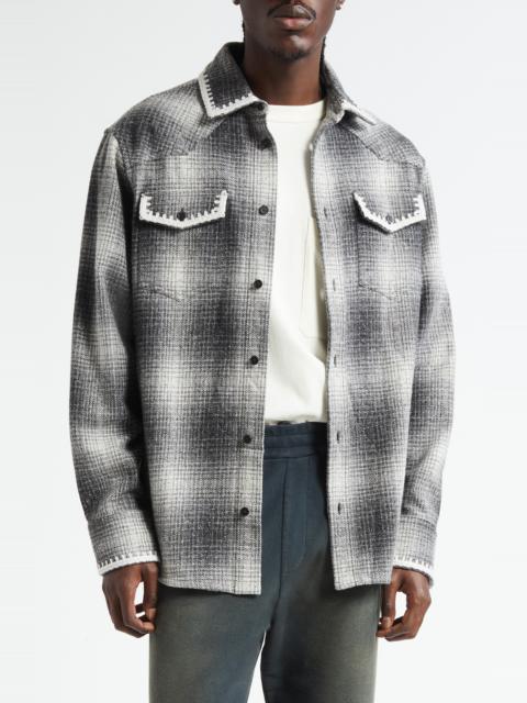 Golden Goose Golden Goose Journey Plaid Virgin Wool & Silk Blend Overshirt in Pewter Gray/Off White at Nordstrom