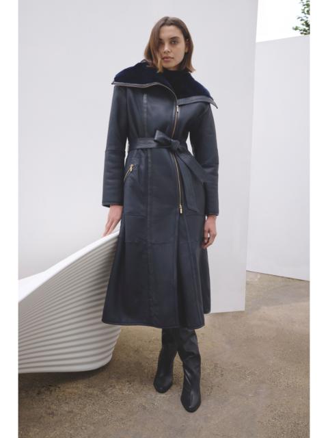 KAREN MILLEN Reversible Shearling & Leather High Collar Maxi Coat