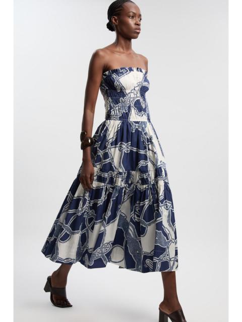 KAREN MILLEN Shirred Cotton Tiered Chain Print Bandeau Woven Maxi Dress