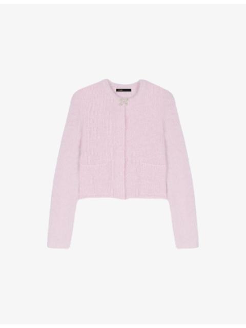 maje Bow-Embellished Ribbed Knitted Cardigan