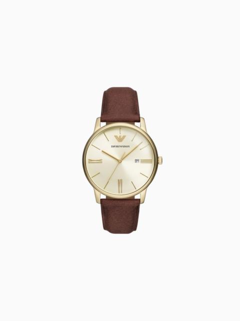 EMPORIO ARMANI THREE-HAND DATE BROWN LEATHER WATCH