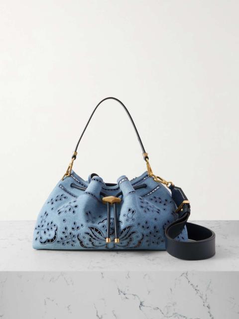 Cinch leather-trimmed broderie anglaise denim shoulder bag Light denim