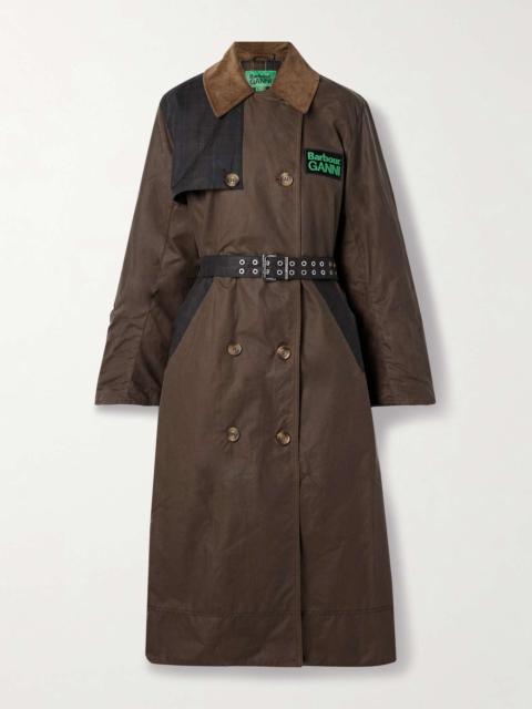 Barbour + GANNI belted corduroy-trimmed paneled checked waxed-organic cotton trench coat