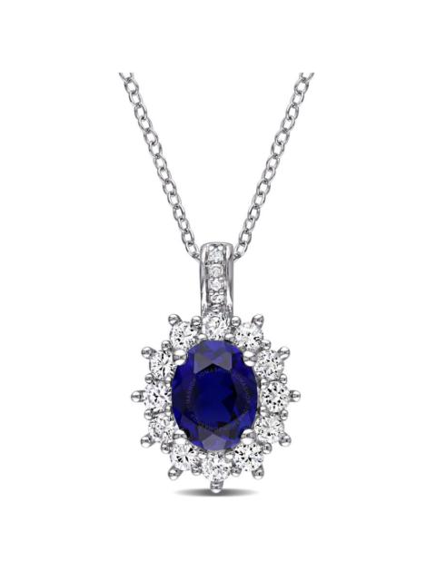 Other Designers AMOUR Diamond and 4 CT TGW Created Blue and Created White Sapphire Oval Halo Pendant with Chain In S