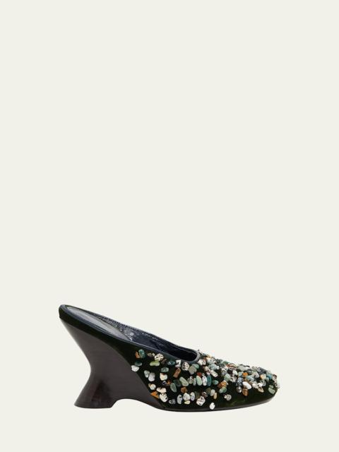 Dries Van Noten Gemstone Embellished Velvet Wedge Mules