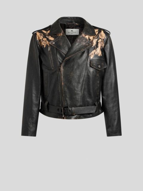 Etro LEATHER BIKER JACKET WITH PLACED LEOPARD PRINT