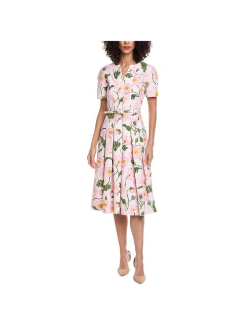 Oscar de la Renta Oscar de la Renta Split Neck Painted Poppies Silk-Lined A-Line Dress