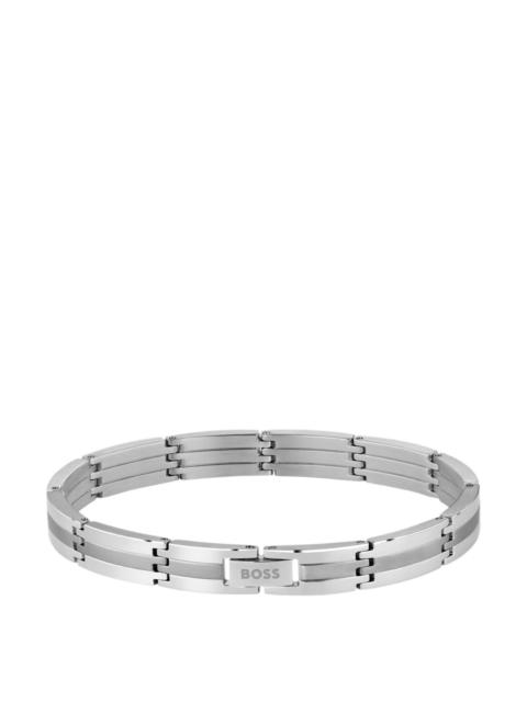 BOSS SILVER-TONE STRIPED CUFF WITH LOGO CLASP