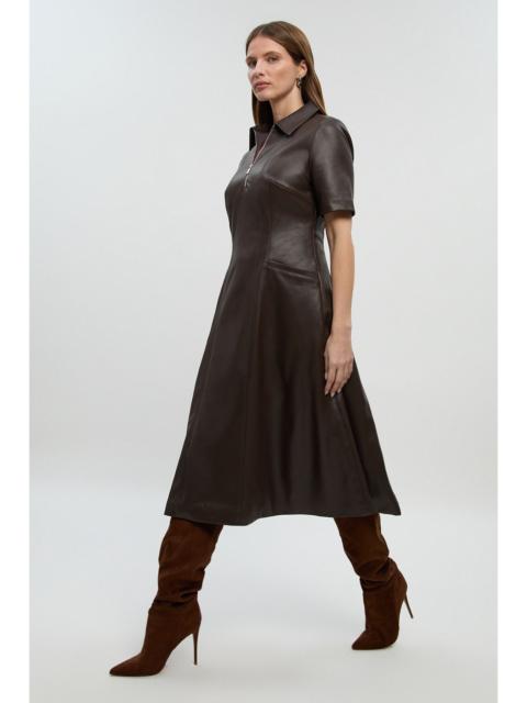 KAREN MILLEN Faux Leather Collared Midi Shirt Dress