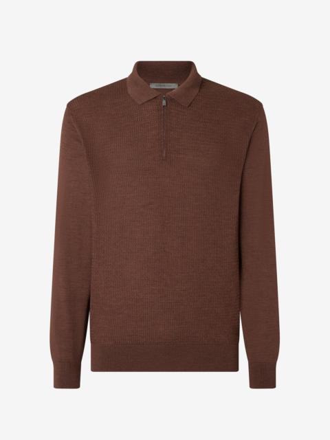 CORNELIANI Tobacco brown zip-up extra fine wool polo shirt