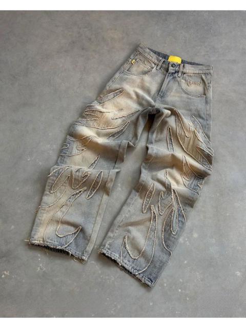Japanese Brand - American Gothic Patchwork Raw Edge Embroidered Letter Pant