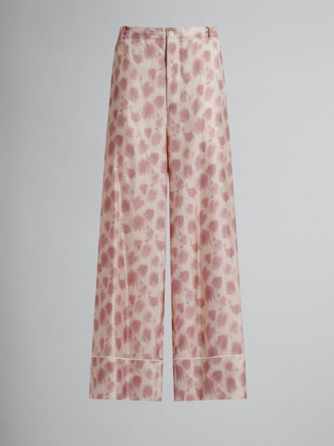 DUSTY PINK SILK PALAZZO TROUSERS WITH CRAYON LEOPARD PRINT