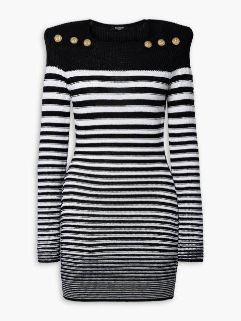 Balmain Button-embellished striped ribbed cotton-blend mini dress