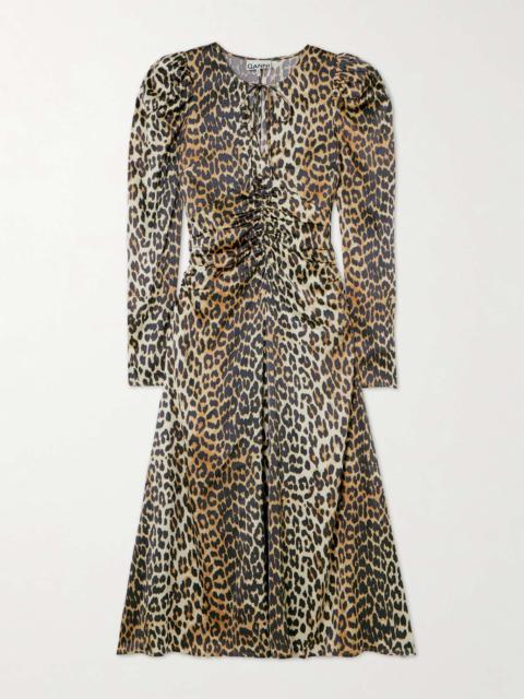 Tie-detailed ruched leopard-print satin midi dress Leopard print