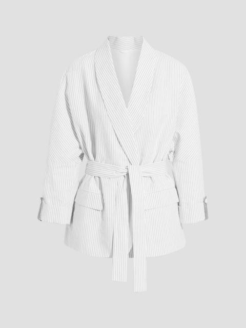 Brunello Cucinelli Belted pinstriped cotton and linen-blend blazer