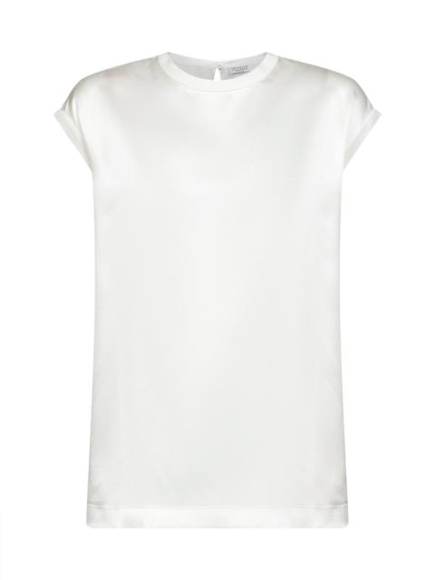 Brunello Cucinelli White stretch silk satin monili top