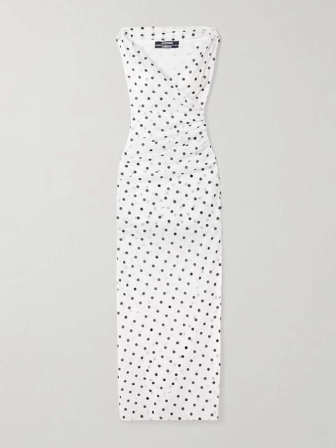 Rita draped gathered polka-dot crepe de chine maxi dress White
