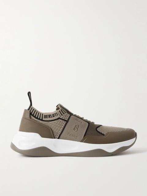 Berluti Shadow Rubber and Leather-Trimmed and Coated Stretch-Knit Sneakers Neutral
